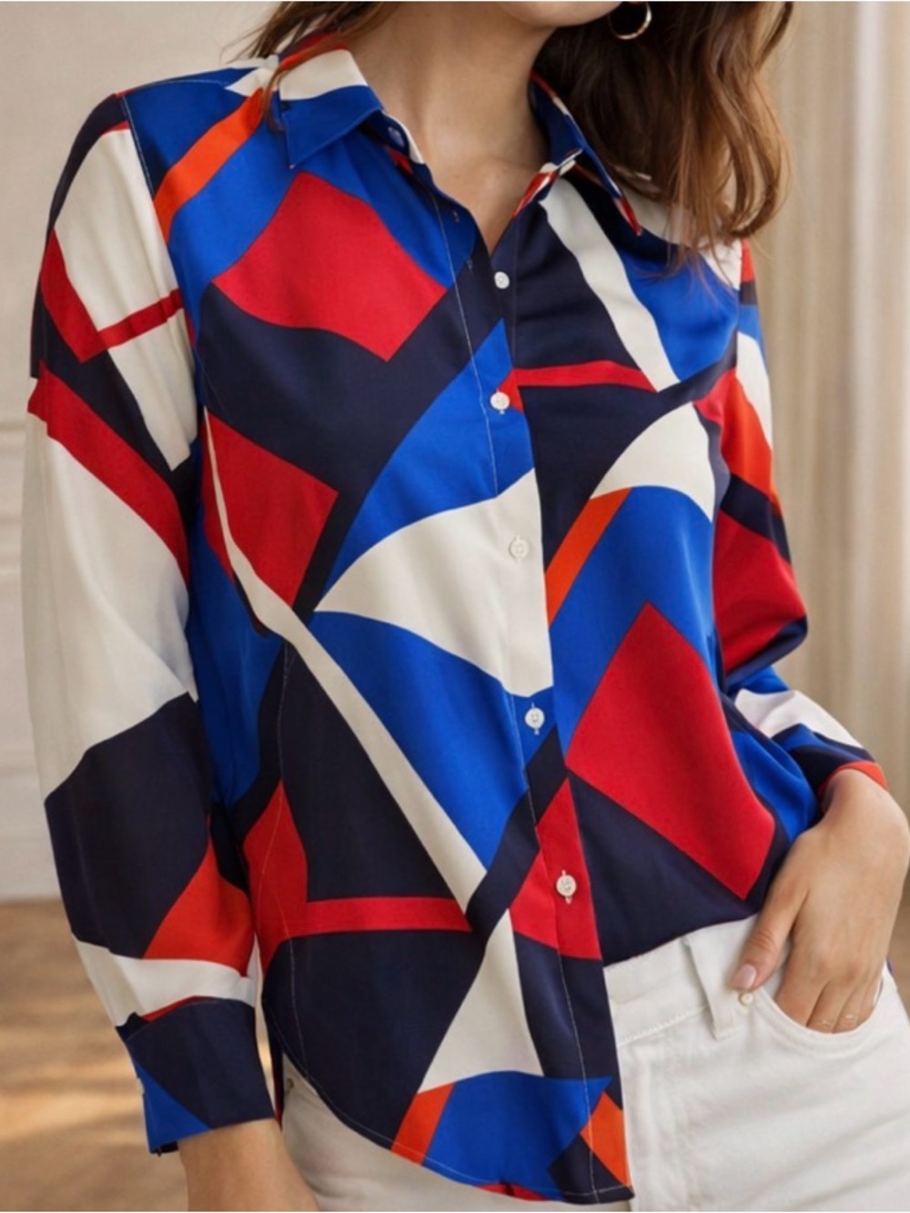 Lauren Ralph Lauren Classic Fit Print Crepe Button Down Long Sleeve Satin Shirt - Picture 10 of 10